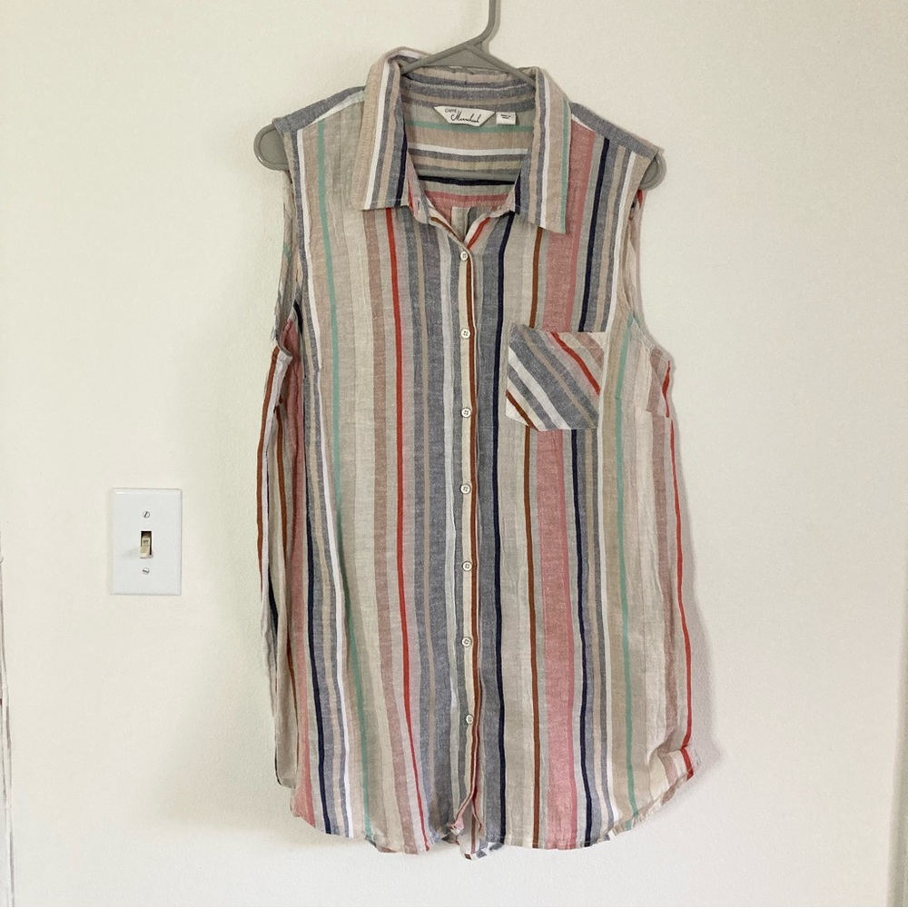 Linen Cotton Striped Tank Blouse Sleeveless Retro